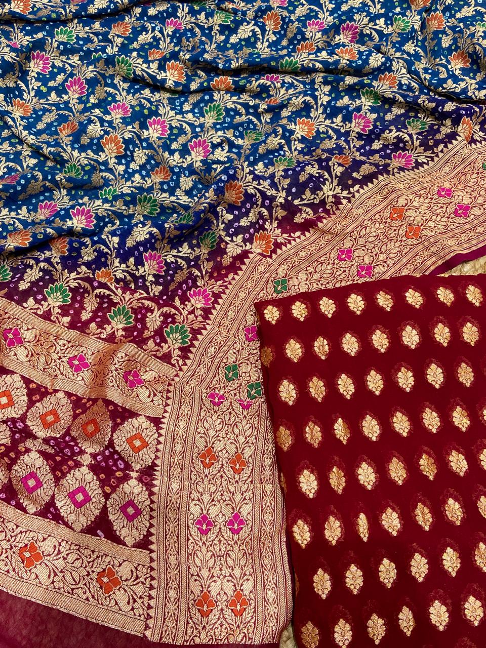 Pure Khaddi Georgette Unstitched Suit With Bandhani Work Dupatta