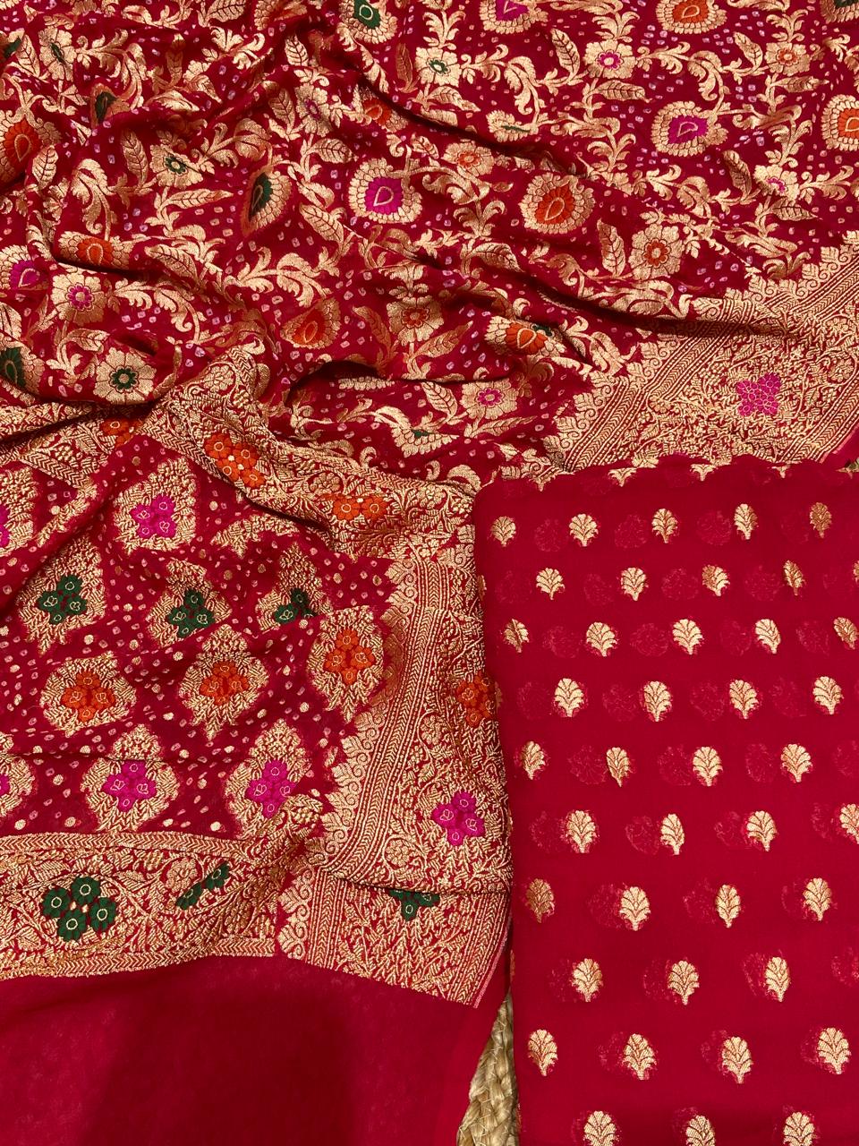 Pure Khaddi Georgette Unstitched Suit With Bandhani Work Dupatta