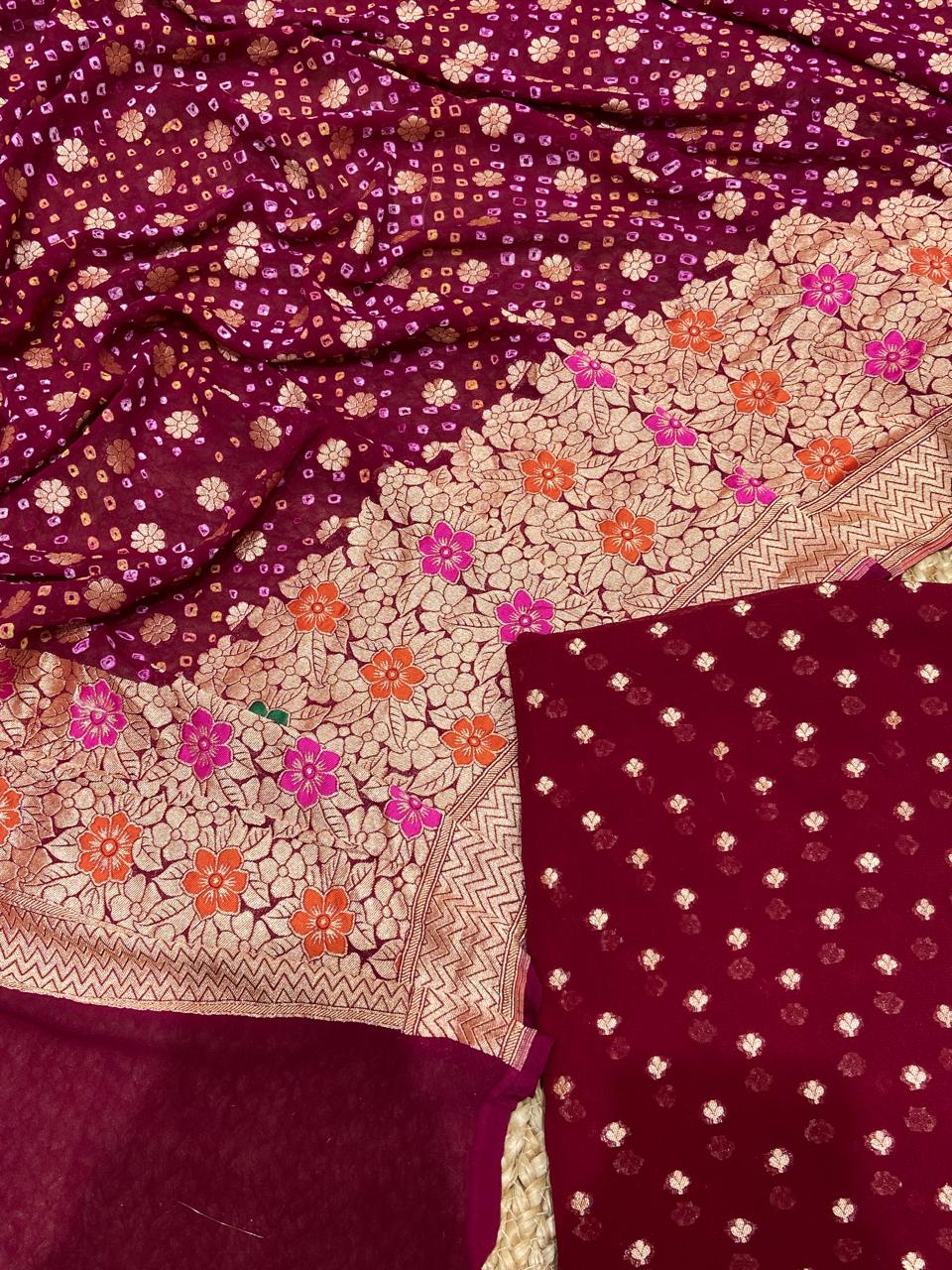 Pure Khaddi Georgette Unstitched Suit With Bandhani Work Dupatta