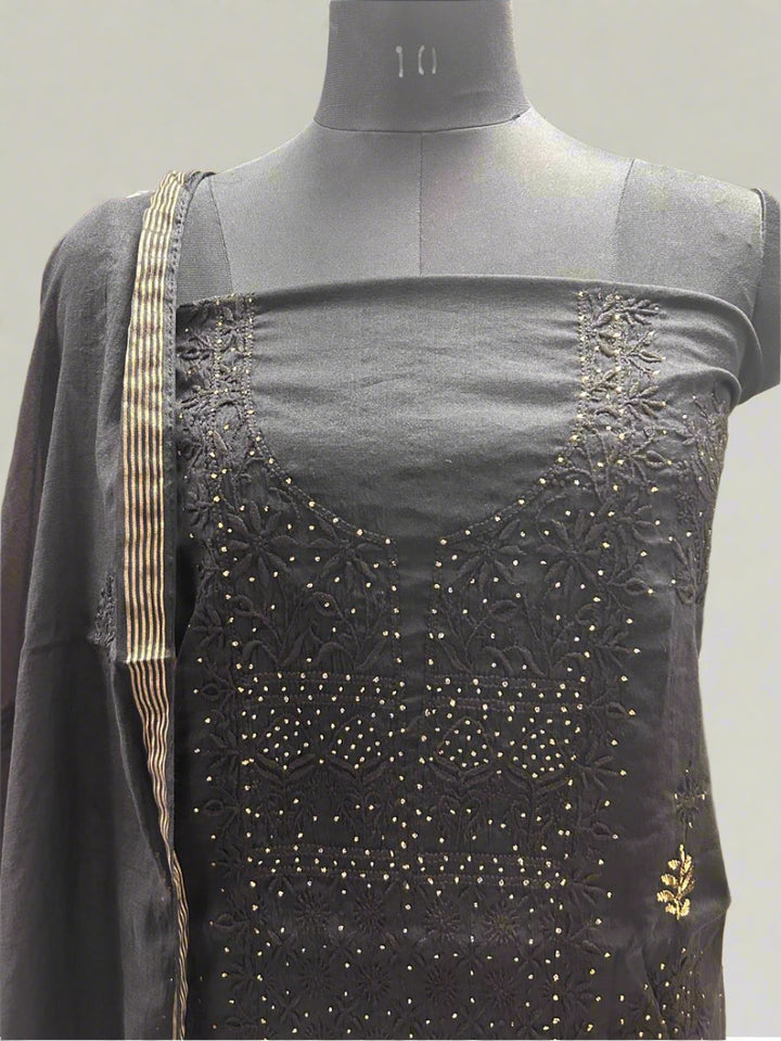 Pure MulMul Chanderi Chikankari Unstitched Suit with Pearl Cutdana Work