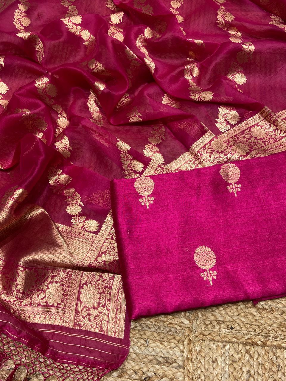 Pure Banarasi Raw silk Unstitched Suit With Khadwa Work and Organza Dupatta