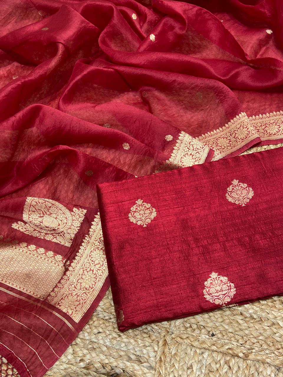 Pure Banarasi Raw silk Unstitched Suit With Khadwa Work and Organza Dupatta