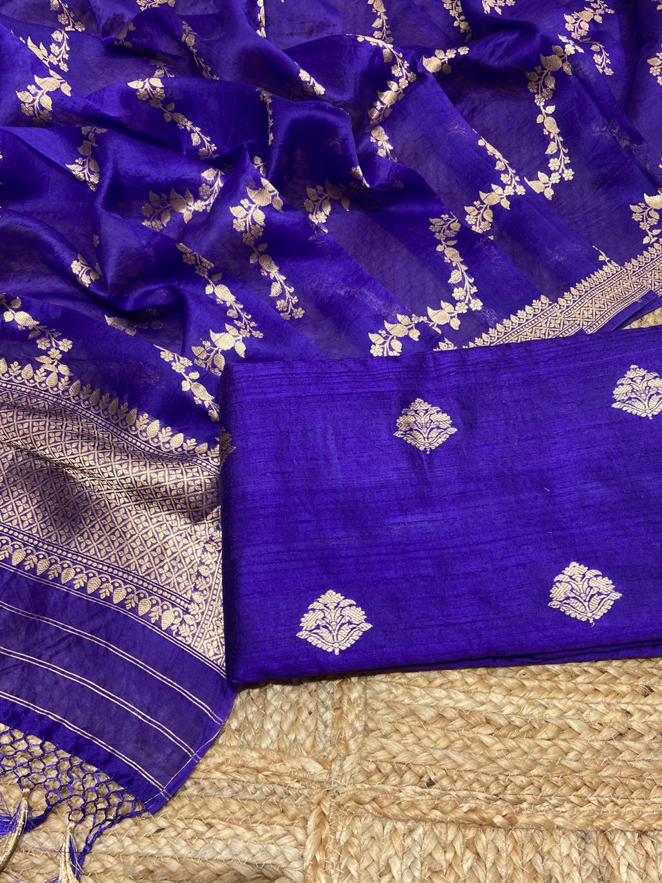 Pure Banarasi Raw silk Unstitched Suit With Khadwa Work and Organza Dupatta