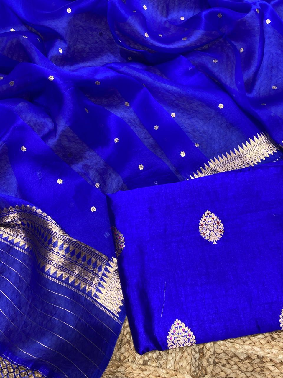 Pure Banarasi Mango silk Unstitched Suit With Khadwa Work and Organza Dupatta