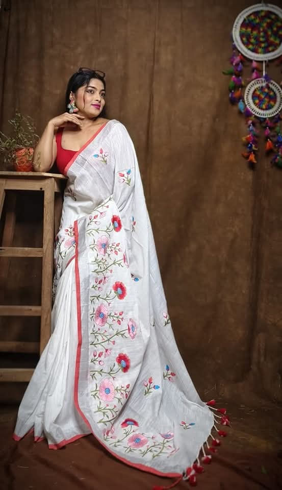 Pure Linen By Linen Saree with Embroidery Work