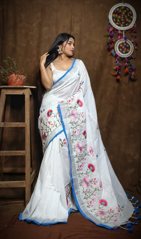 Pure Linen By Linen Saree with Embroidery Work
