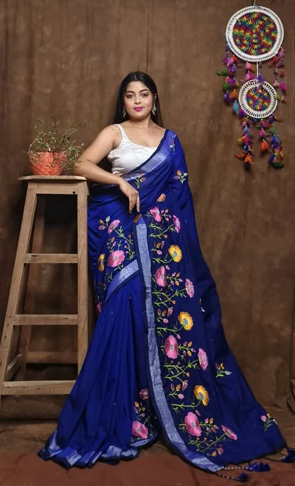 Pure Linen By Linen Saree with Embroidery Work