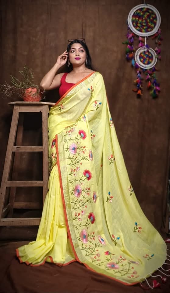 Pure Linen By Linen Saree with Embroidery Work