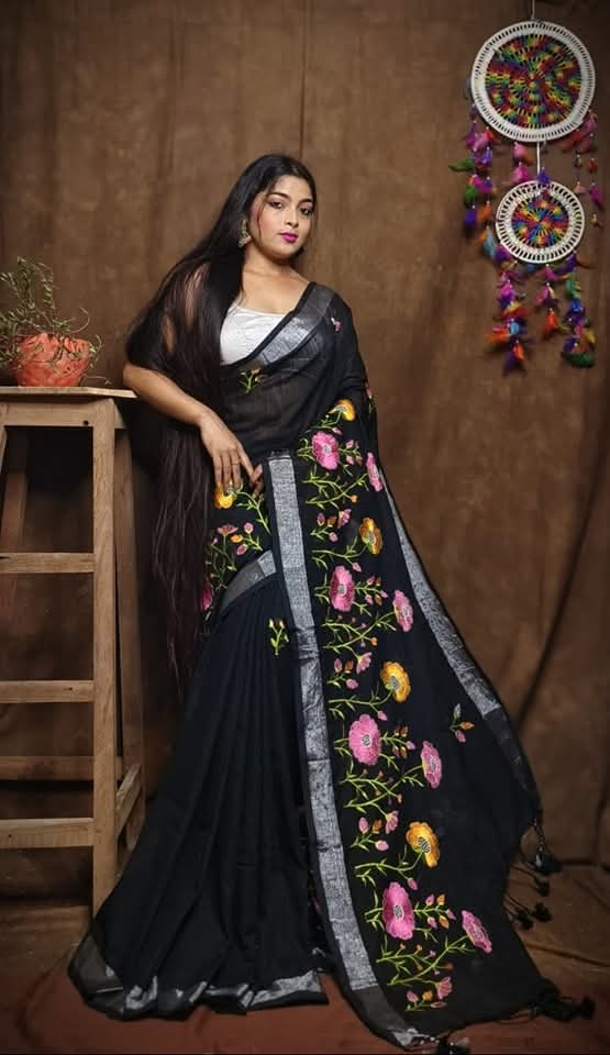 Pure Linen By Linen Saree with Embroidery Work