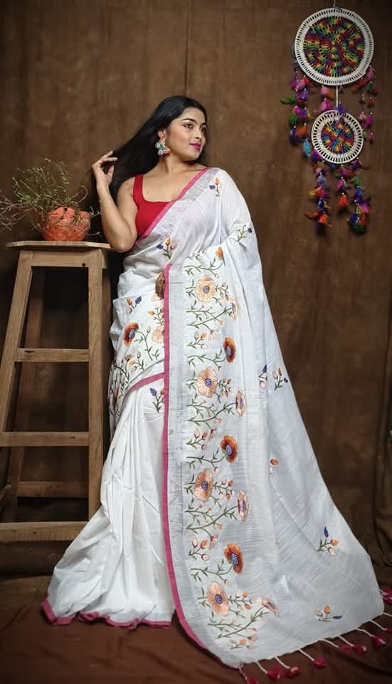 Pure Linen By Linen Saree with Embroidery Work