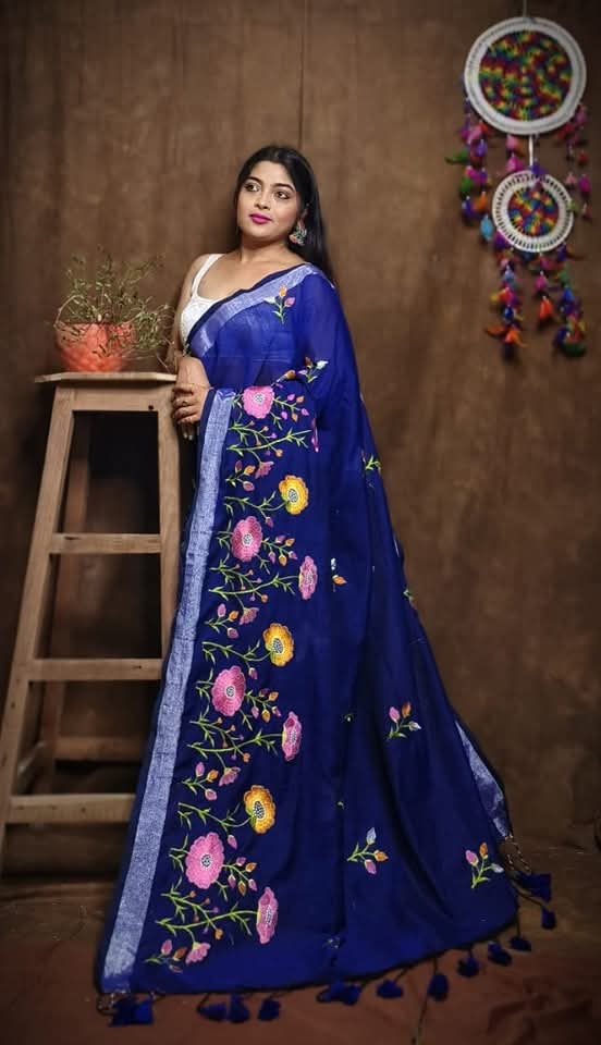 Pure Linen By Linen Saree with Embroidery Work