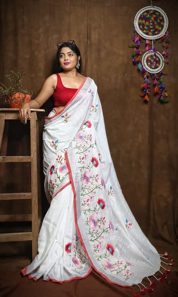 Pure Linen By Linen Saree with Embroidery Work
