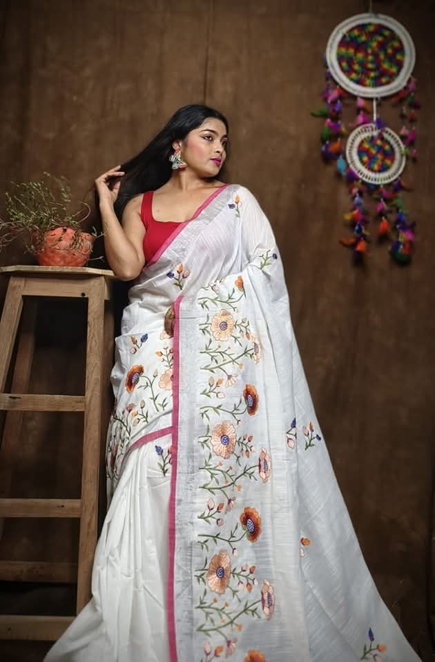 Pure Linen By Linen Saree with Embroidery Work