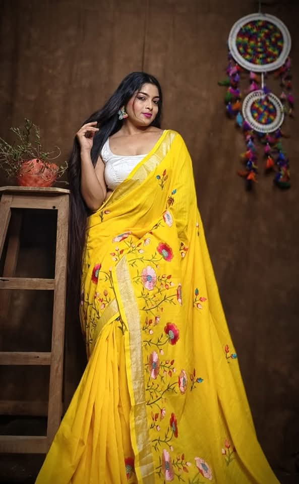 Pure Linen By Linen Saree with Embroidery Work