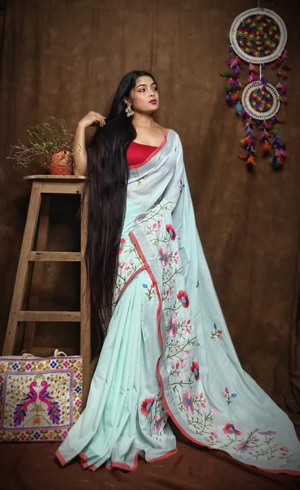 Pure Linen By Linen Saree with Embroidery Work
