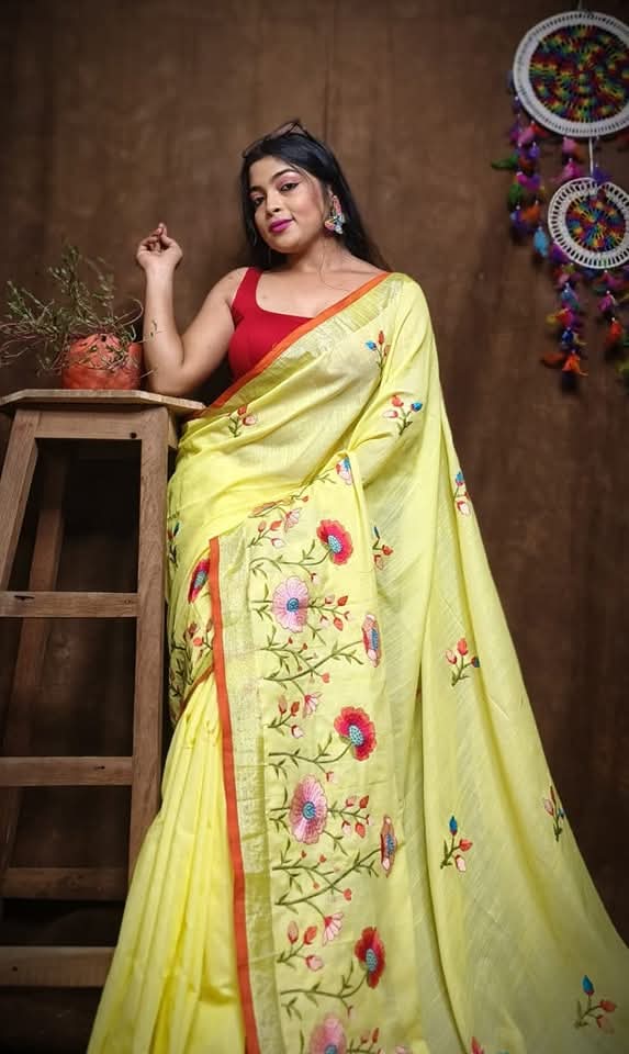 Pure Linen By Linen Saree with Embroidery Work