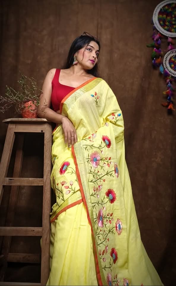 Pure Linen By Linen Saree with Embroidery Work