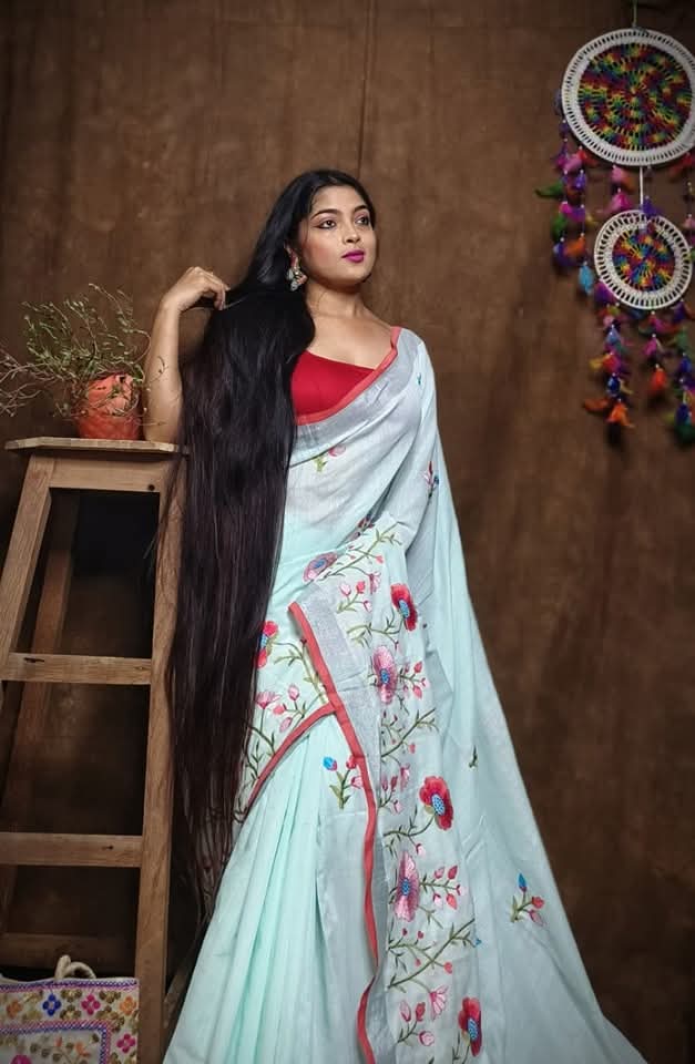 Pure Linen By Linen Saree with Embroidery Work