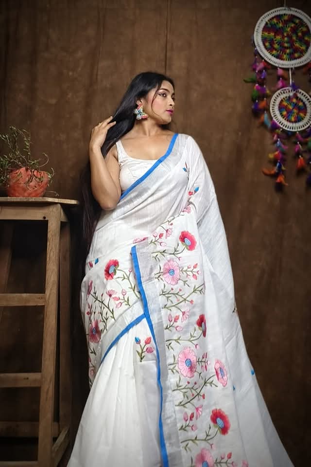 Pure Linen By Linen Saree with Embroidery Work