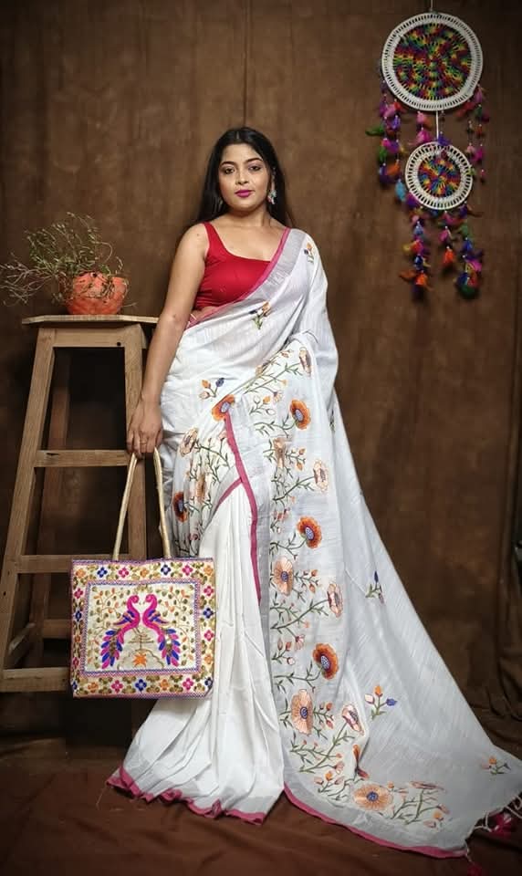 Pure Linen By Linen Saree with Embroidery Work