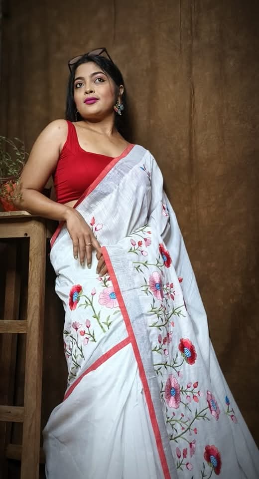 Pure Linen By Linen Saree with Embroidery Work