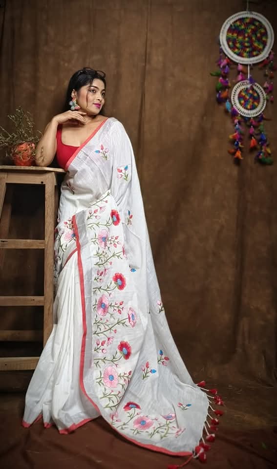 Pure Linen By Linen Saree with Embroidery Work