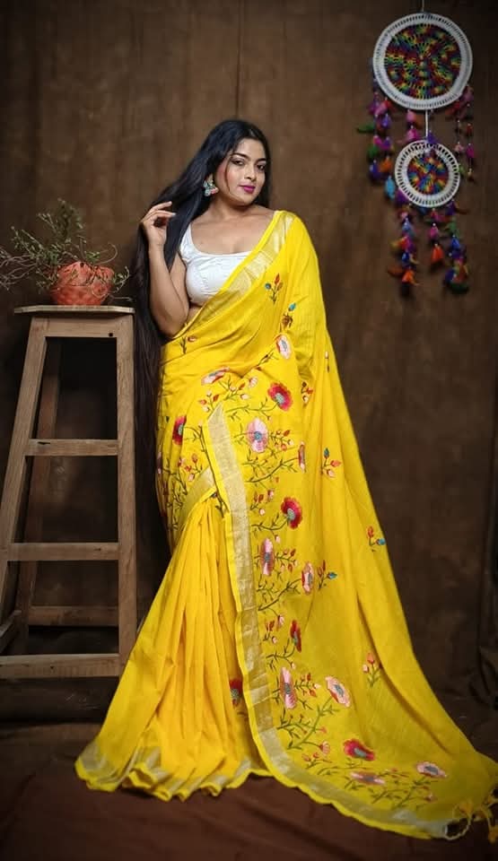 Pure Linen By Linen Saree with Embroidery Work