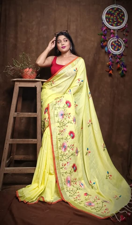 Pure Linen By Linen Saree with Embroidery Work