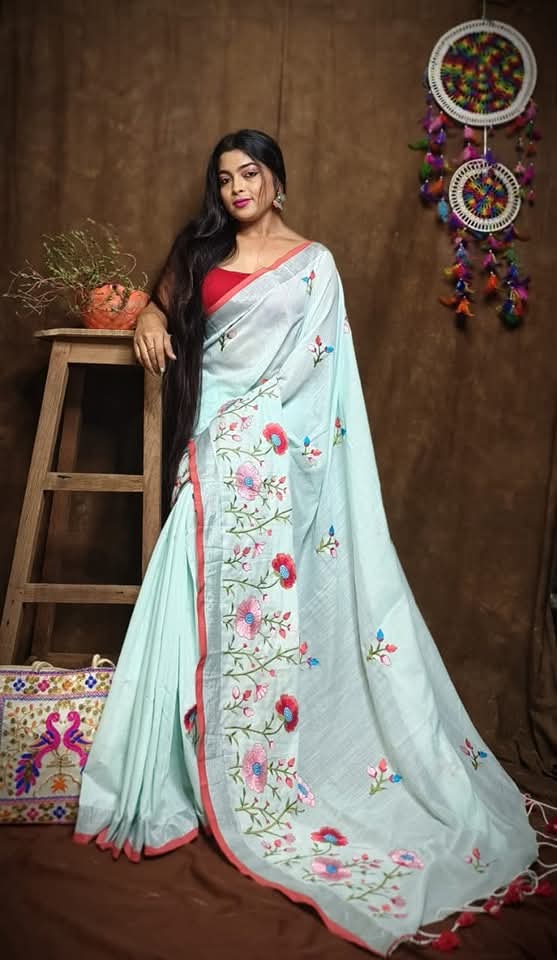 Pure Linen By Linen Saree with Embroidery Work