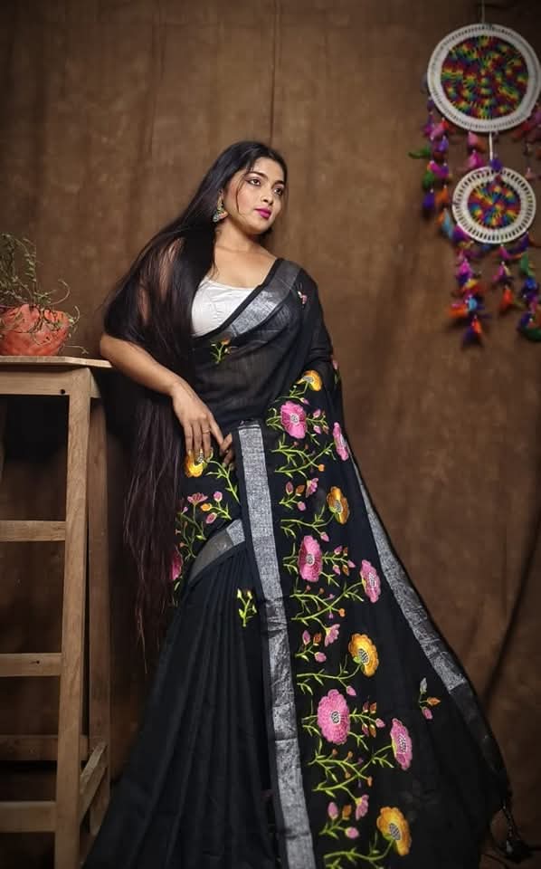 Pure Linen By Linen Saree with Embroidery Work