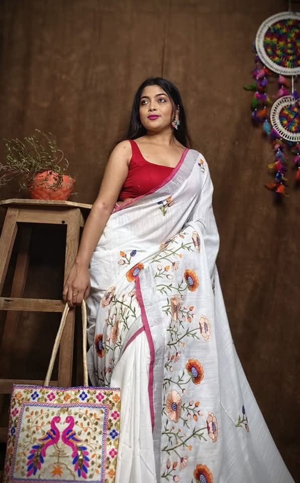 Pure Linen By Linen Saree with Embroidery Work