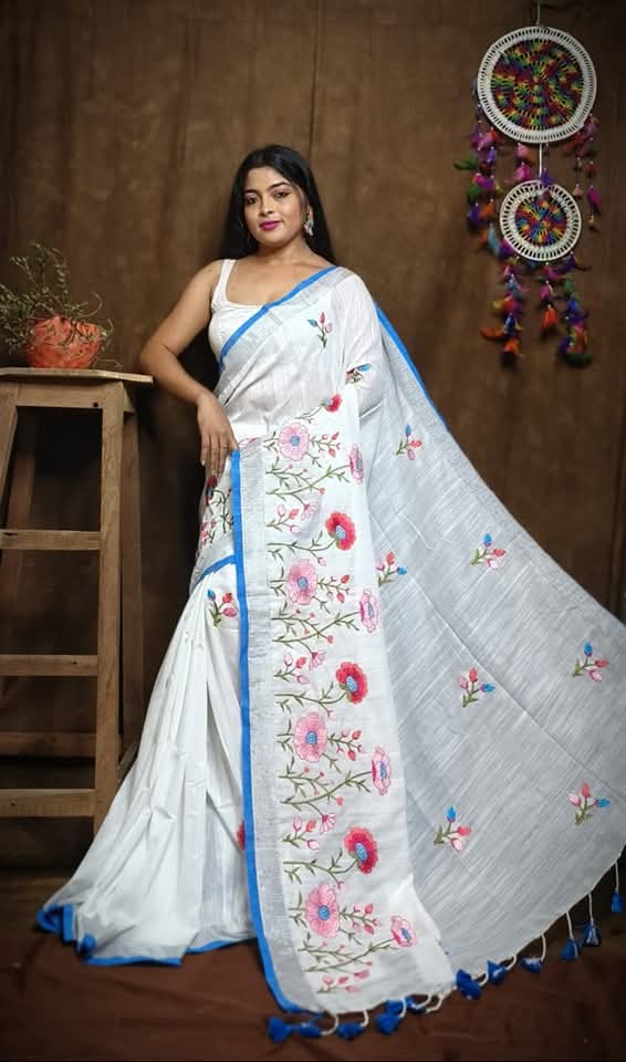 Pure Linen By Linen Saree with Embroidery Work