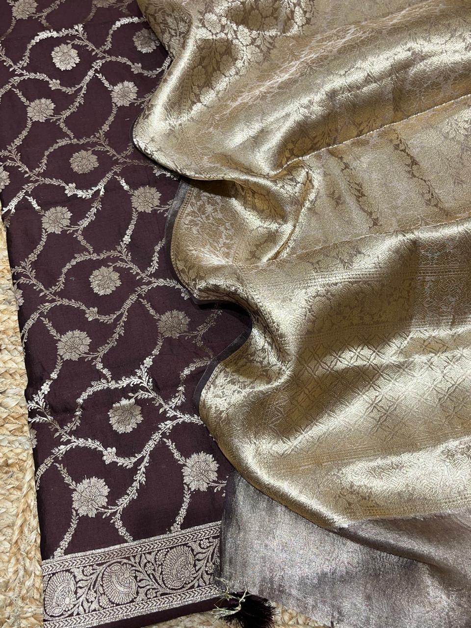 Pure Chiniya Silk Zari Weaved Unstitched Suit with Banarasi Tissue Silk Dupatta