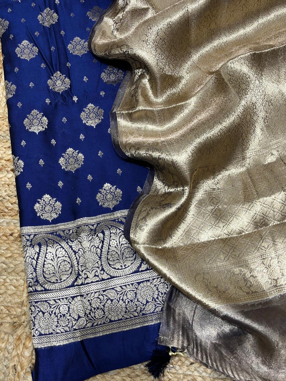 Pure Chiniya Silk Zari Weaved Unstitched Suit with Banarasi Tissue Silk Dupatta
