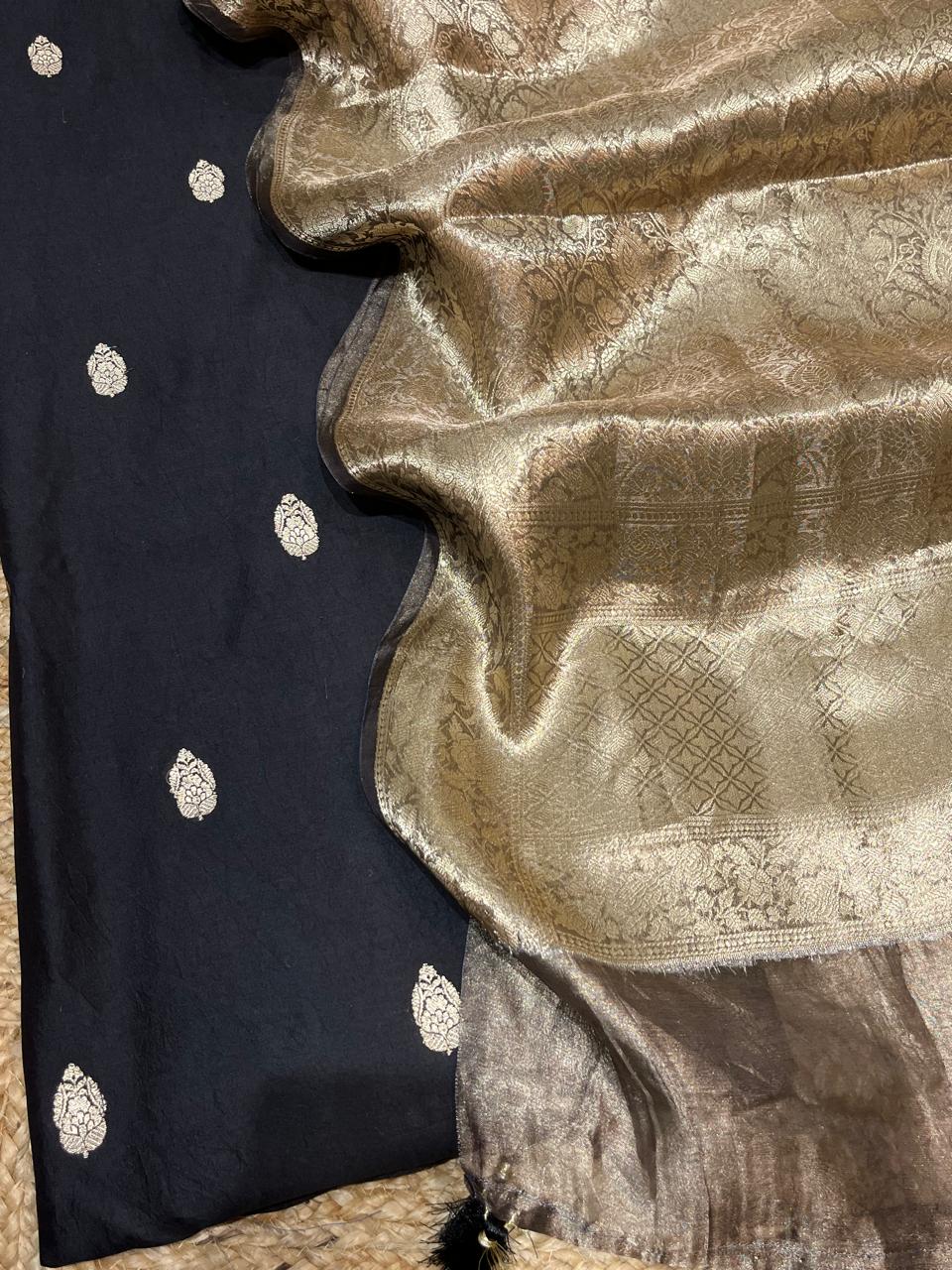 Pure Chiniya Silk Zari Weaved Unstitched Suit with Banarasi Tissue Silk Dupatta