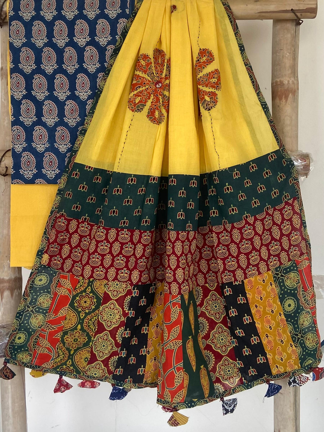 Pure Cotton Azrakh Print Unstitched suit With patch work Dupatta