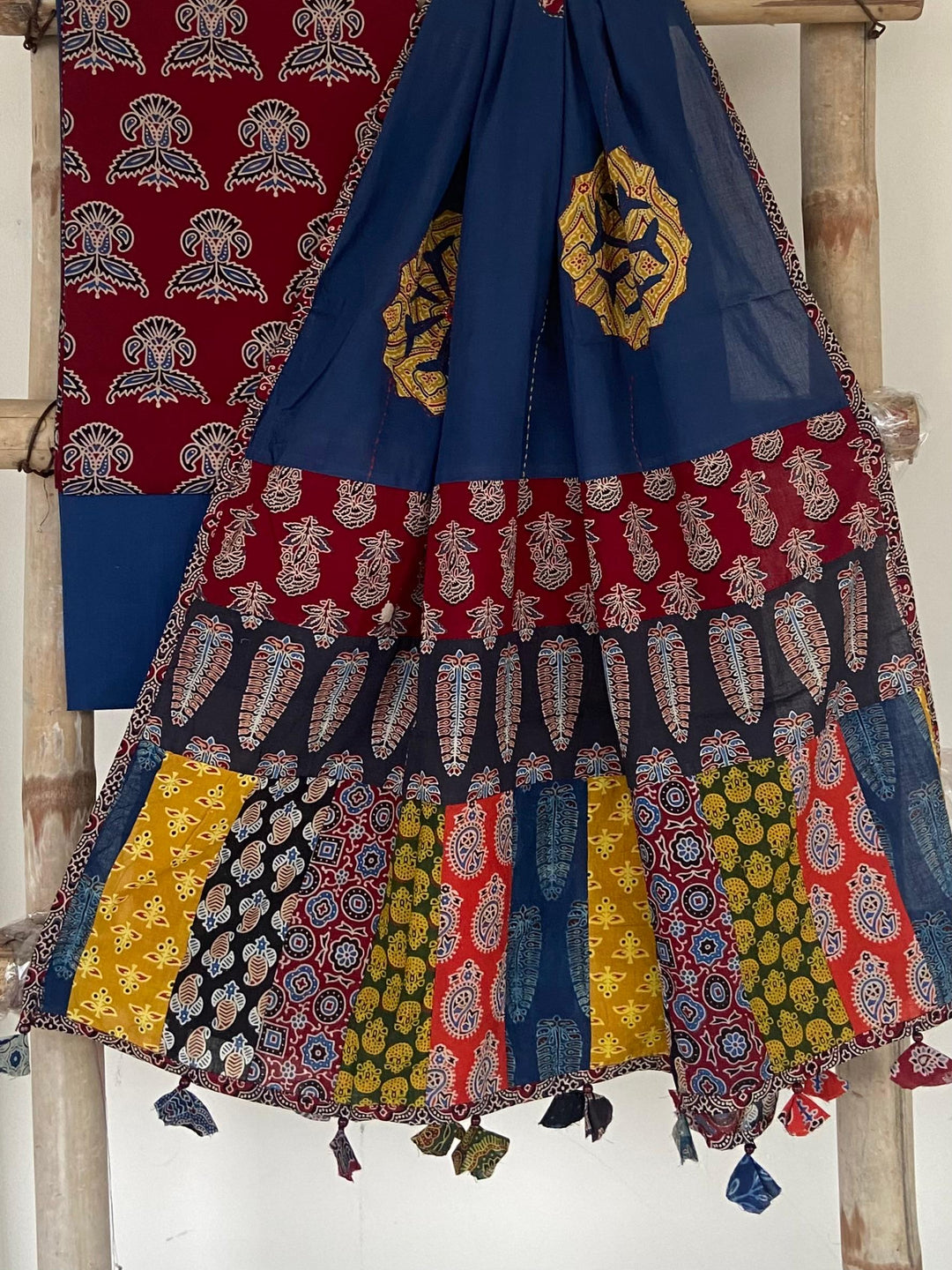 Pure Cotton Azrakh Print Unstitched suit With patch work Dupatta