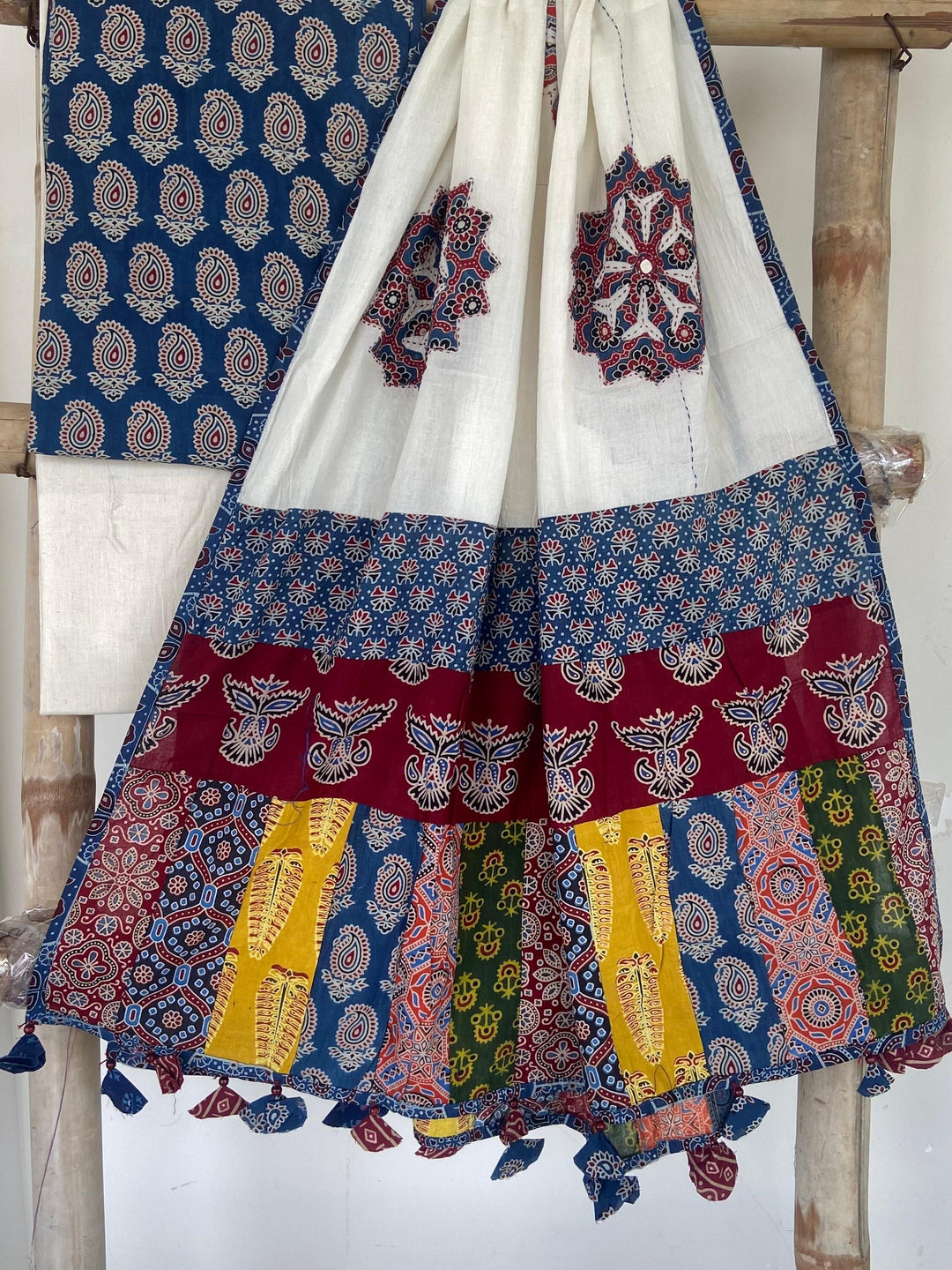Pure Cotton Azrakh Print Unstitched suit With patch work Dupatta