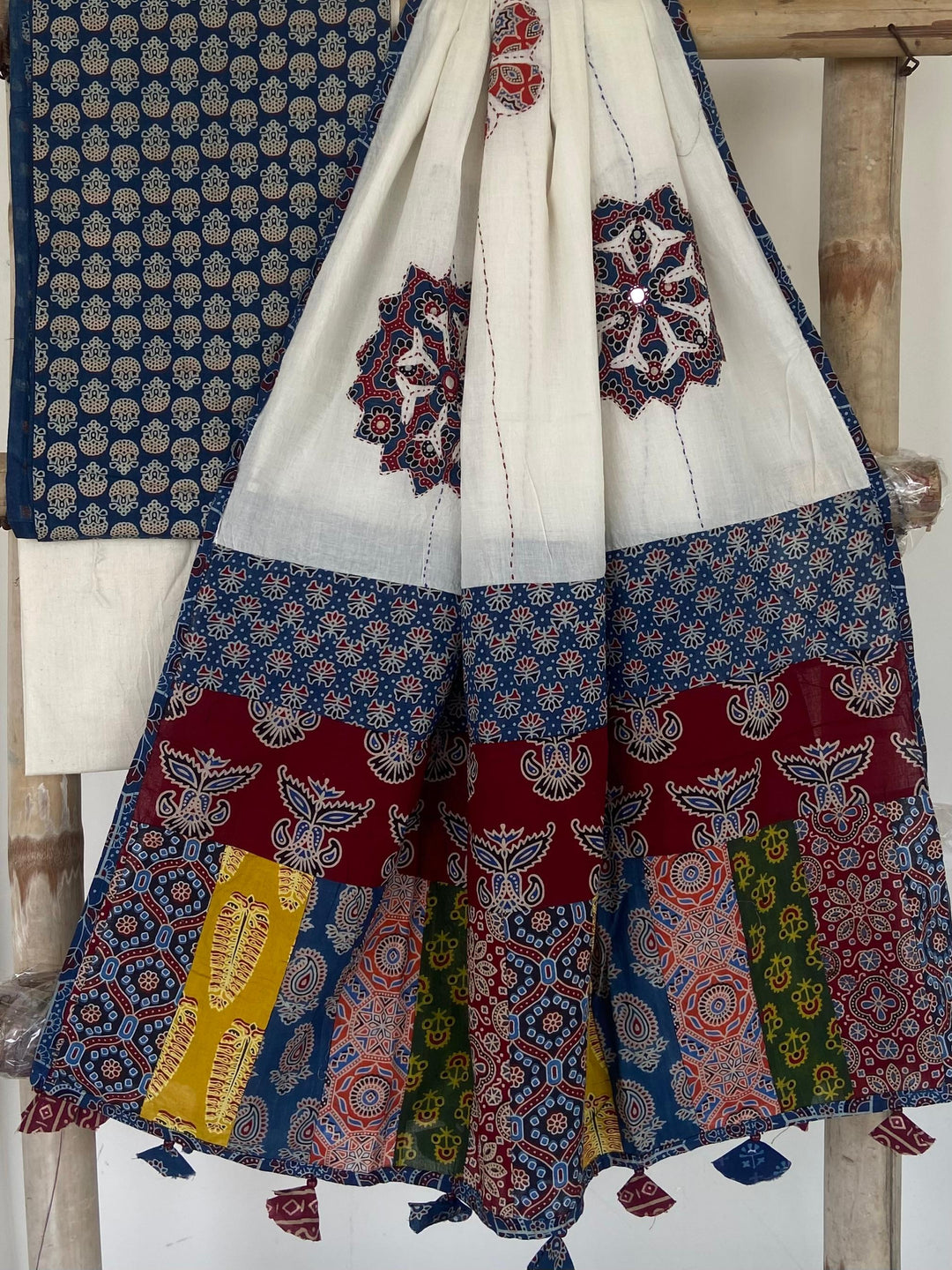 Pure Cotton Azrakh Print Unstitched suit With patch work Dupatta