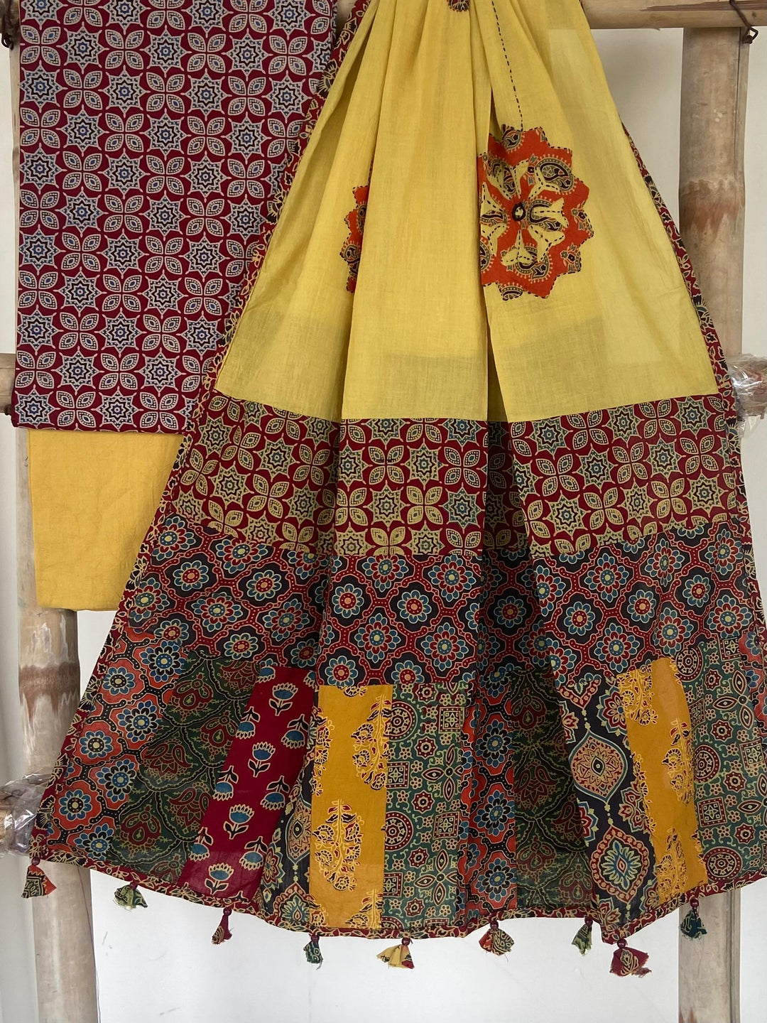Pure Cotton Azrakh Print Unstitched suit With patch work Dupatta