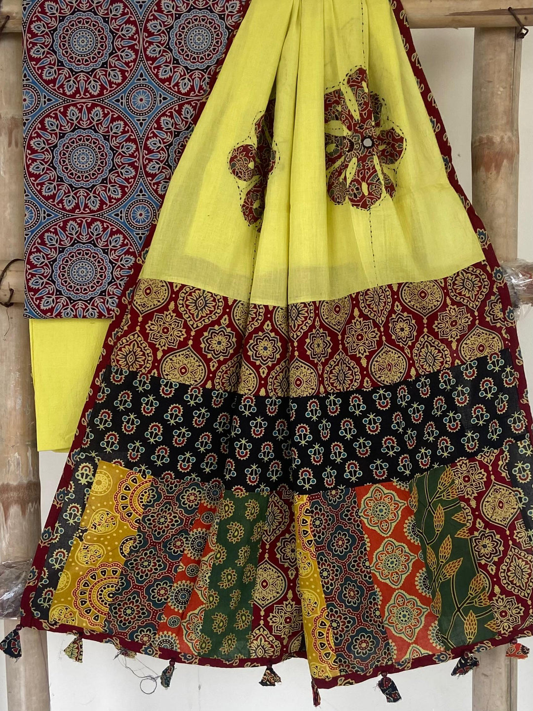 Pure Cotton Azrakh Print Unstitched suit With patch work Dupatta