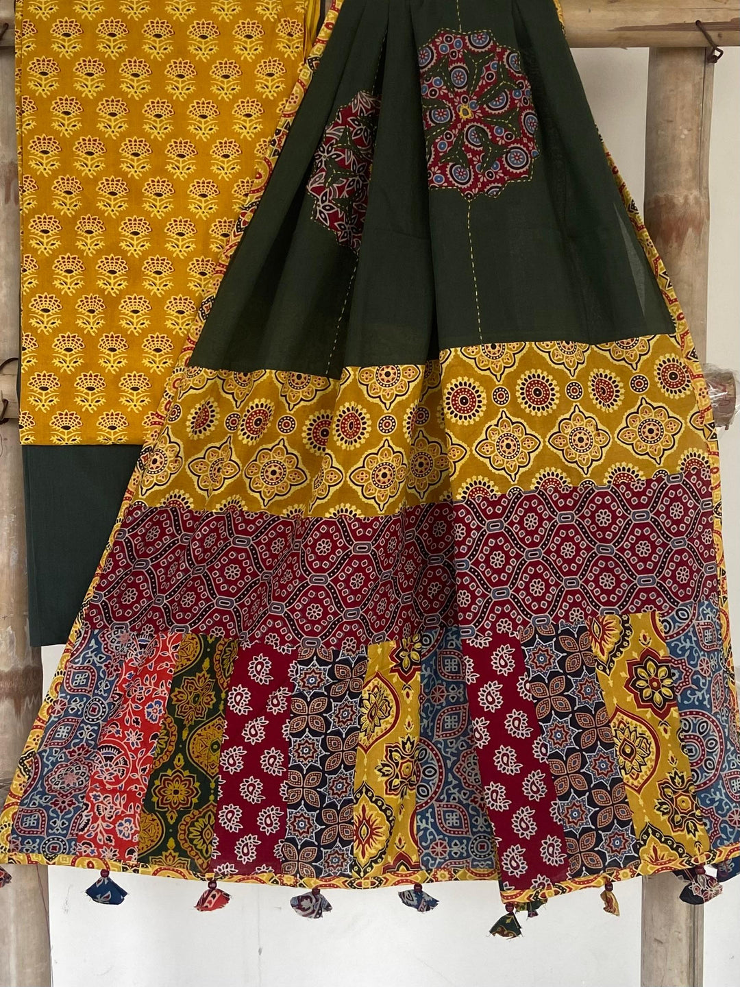 Pure Cotton Azrakh Print Unstitched suit With patch work Dupatta