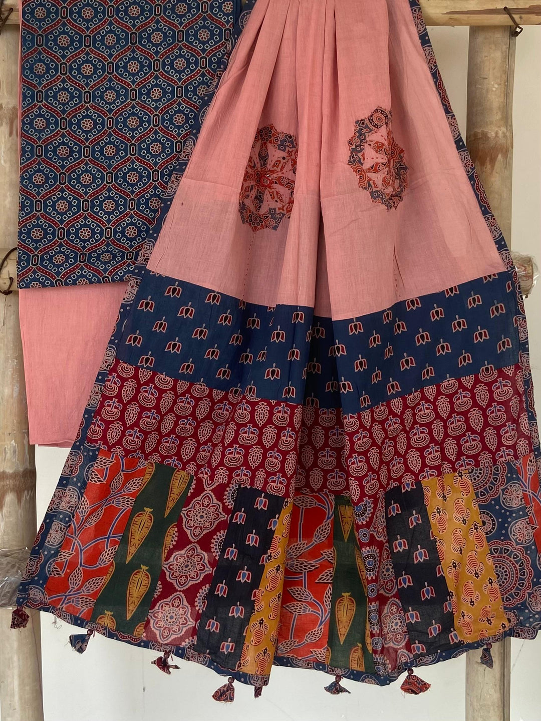 Pure Cotton Azrakh Print Unstitched suit With patch work Dupatta