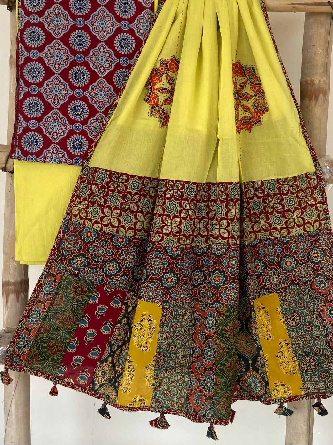 Pure Cotton Azrakh Print Unstitched suit With patch work Dupatta