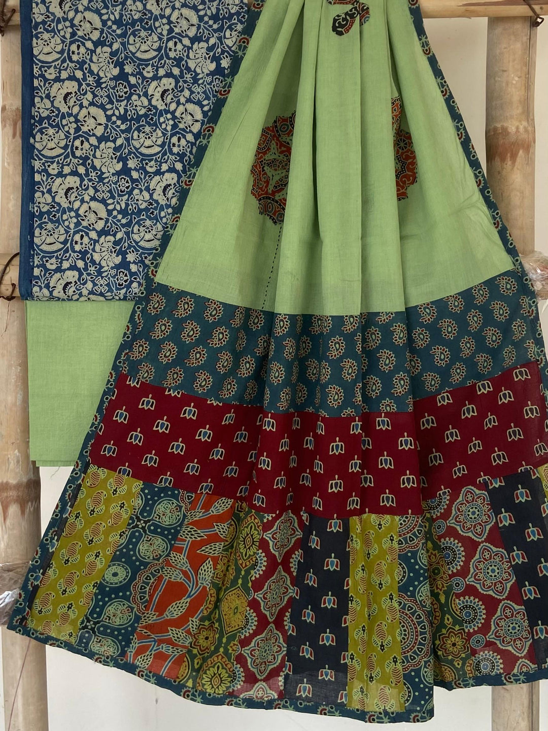 Pure Cotton Azrakh Print Unstitched suit With patch work Dupatta