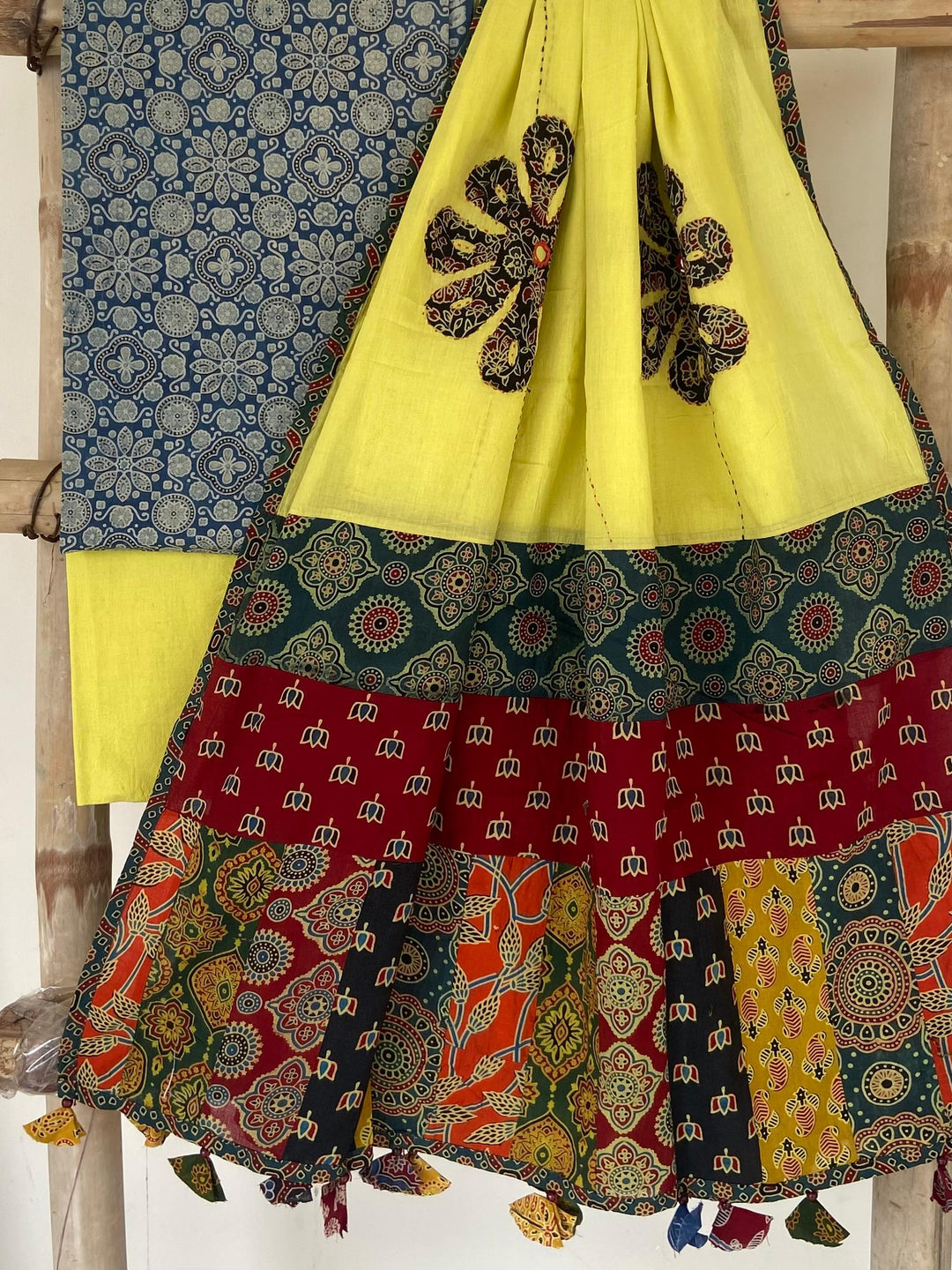 Pure Cotton Azrakh Print Unstitched suit With patch work Dupatta