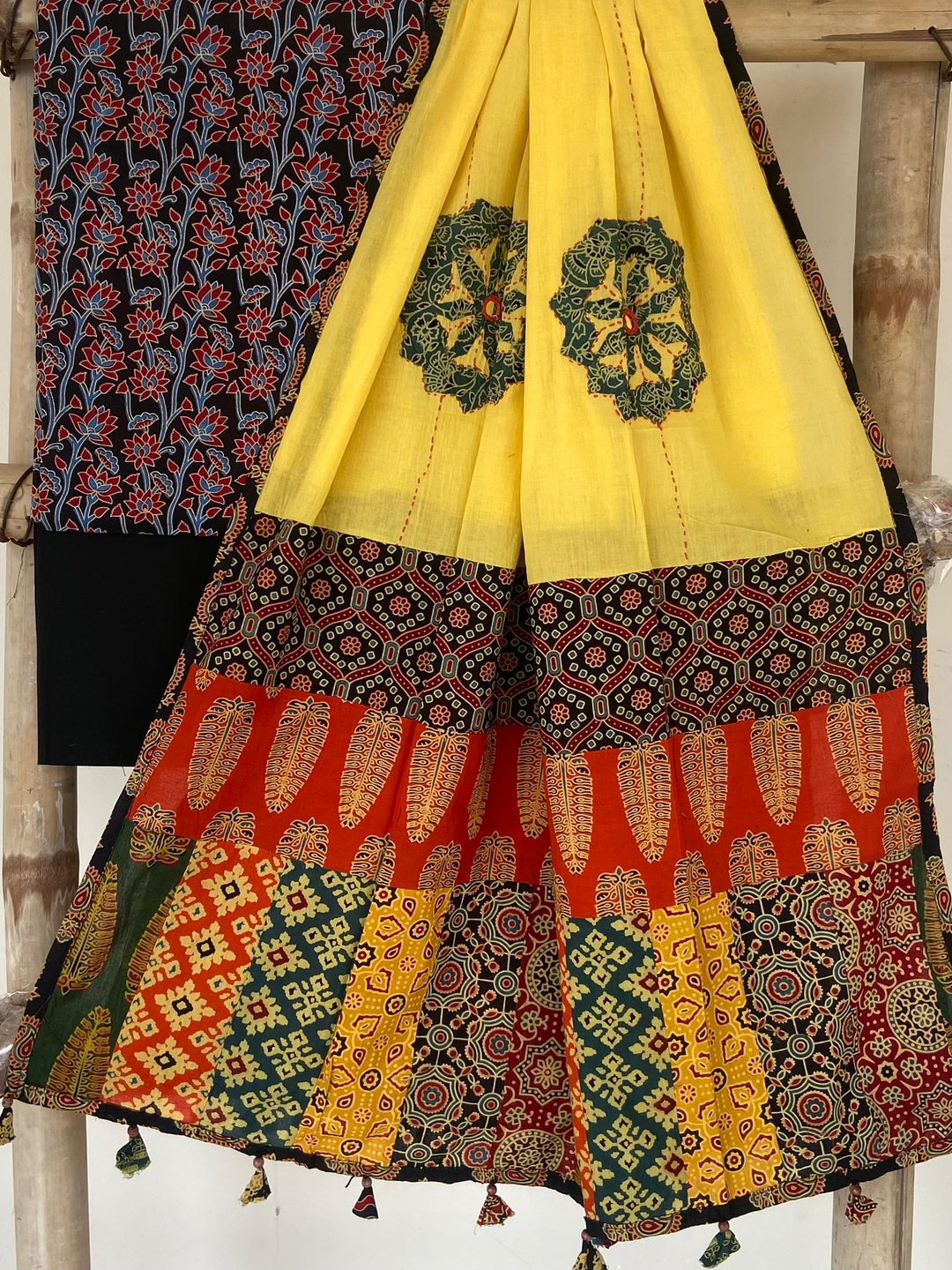 Pure Cotton Azrakh Print Unstitched suit With patch work Dupatta