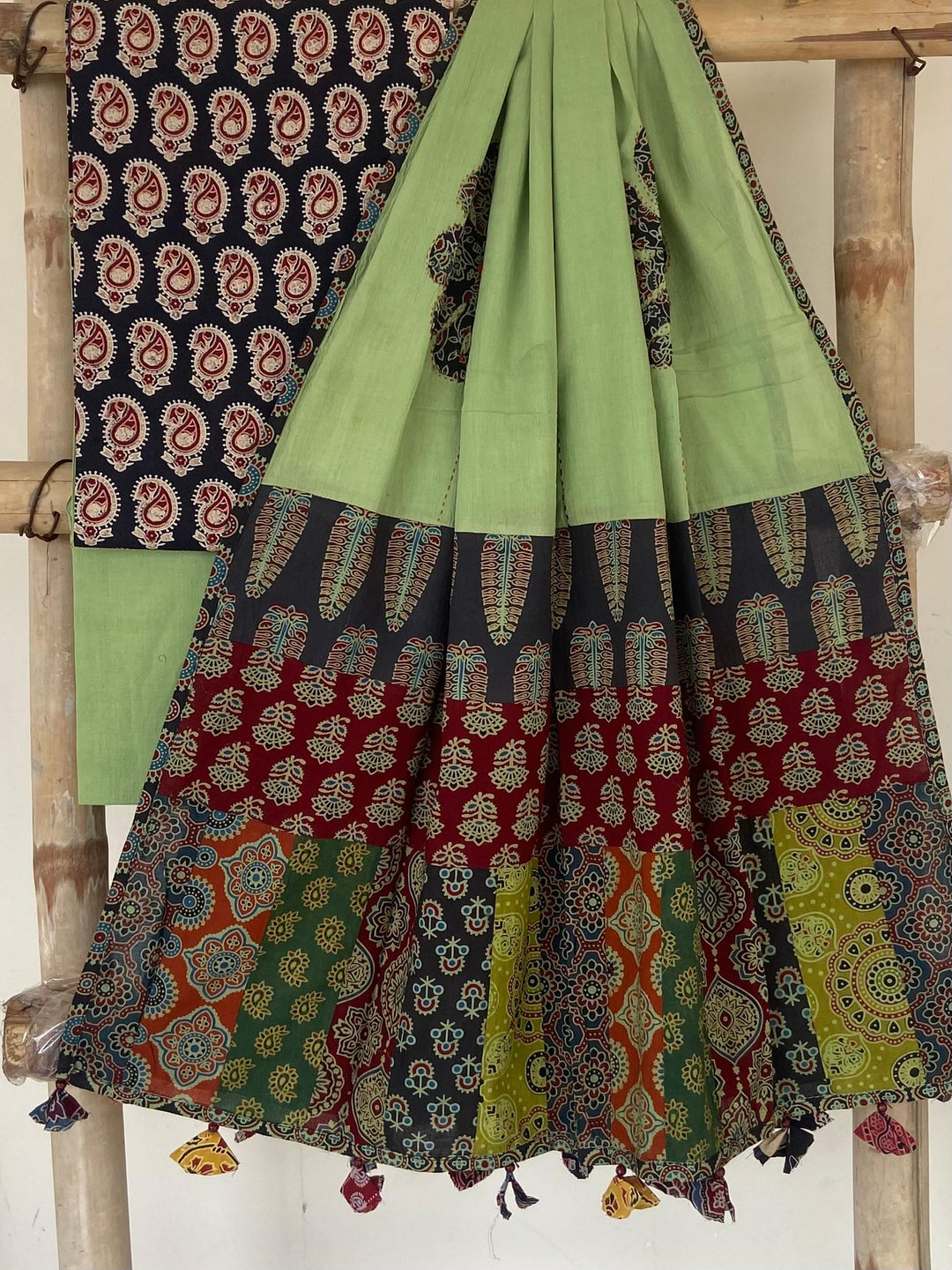Pure Cotton Azrakh Print Unstitched suit With patch work Dupatta