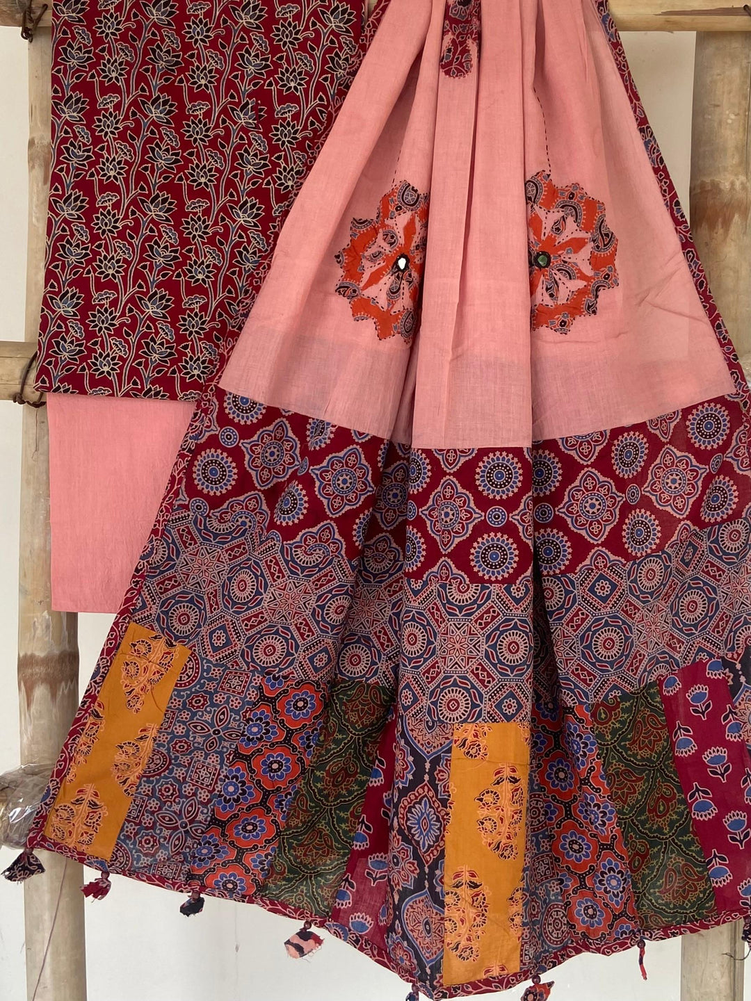 Pure Cotton Azrakh Print Unstitched suit With patch work Dupatta