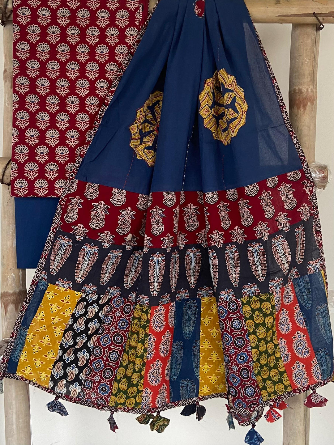 Pure Cotton Azrakh Print Unstitched suit With patch work Dupatta